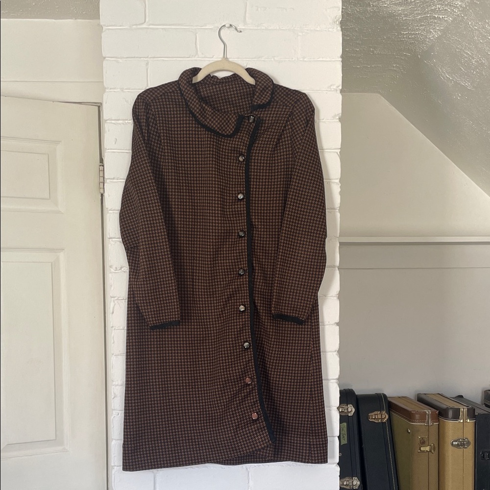 Vintage Brown Long Sleeve Houndstooth Women's Dress